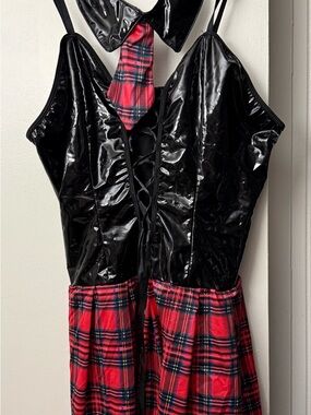 SHEIN Black Patent Faux Leather & Red Plaid Schoolgirl Costume Dress